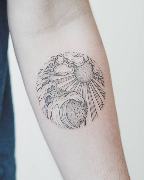 Sun And Wave Tattoo, Wave And Sun Tattoo, Historical Tattoos, Small Beach Tattoos, Tattoo Sun, Small Wave Tattoo, Sun Tattoo Designs, Wave Tattoo, 100 Tattoo