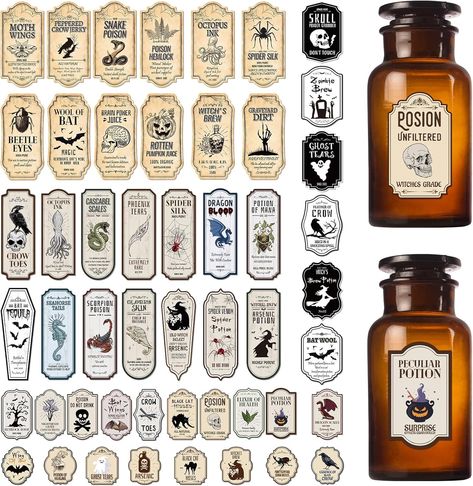 Amazon.com: Halloween Apothecary Bottle Labels Stickers - Fuznoi 100 PCS Vintage Potion Labels Animal Medicine Bottle Label Stickers Horror Ghost Witch Sticker for Water Bottles Halloween Party Supplies Decor : Electronics Apothecary Bottles Diy, Potion Stickers, Potion Bottle Labels, Prop Reference, Stickers Horror, Halloween Apothecary Labels, Halloween Bottle Labels, Apothecary Decor, Horror Ghost