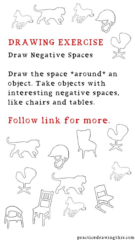 Drawing Exercises - Draw the space *around* an object. Take objects with interesting negative spaces, like chairs and tables. Drawing Excercices, Negative Space Drawing, Draw Better, Space Drawings, Art College, Chairs And Tables, Drawing Exercises, Sketchbook Pages, Artist Drawing