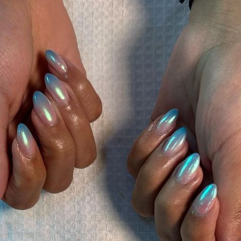 Blue Ombre Nails With Chrome, Nail Ideas Blue Design, Ombré Nails Chrome, Blue Beetle Nails, How To Get Ombre Nails, Blue Chromatic Nails, Blue To Pink Ombre Nails, Ombre And Chrome Nails, Blue On Blue French Tip Nails