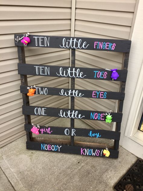 Gender Reveal Pallet Ideas, Jack And Jill Gender Reveal, Neon Gender Reveal, Gender Reveal Sayings Signs, Spring Gender Reveal Ideas For Party, Gender Reveal Outside Decorations, Gender Reveal Ideas For Family Surprise, Dresser Gender Reveal, Small Simple Gender Reveal Ideas