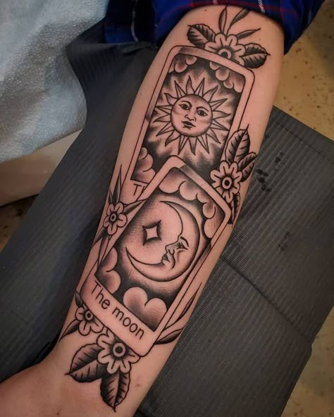 Top 35 Best Sun and Moon Tattoos - [2021 Inspiration Guide] Moon Tattoos Ideas, Tattoos Half Sleeve, Sun And Moon Tattoos, Moon Sun Tattoo, Traditional Tattoo Inspiration, Tarot Card Tattoo, Tarot Tattoo, Moon Tattoos, Circle Tattoos