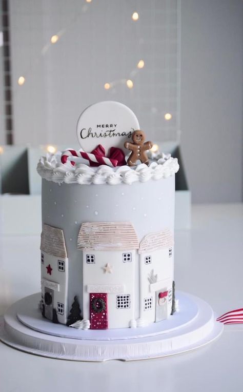 Christmas Village Cake, Cotton And Crumbs, Christmas Cake Designs, Raspberry Chocolate, Cupcake Cake Designs, Xmas Cake, Strawberry Champagne, Winter Cake, Baby Birthday Cakes