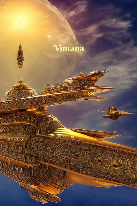 A golden fantasy ancient Indian flying spaceship Flying Spaceship, Sci Fi City, Spiritual Artwork, Production Design, Ancient India, Hindu God, Hindu Art, Folk Tales, Sanskrit