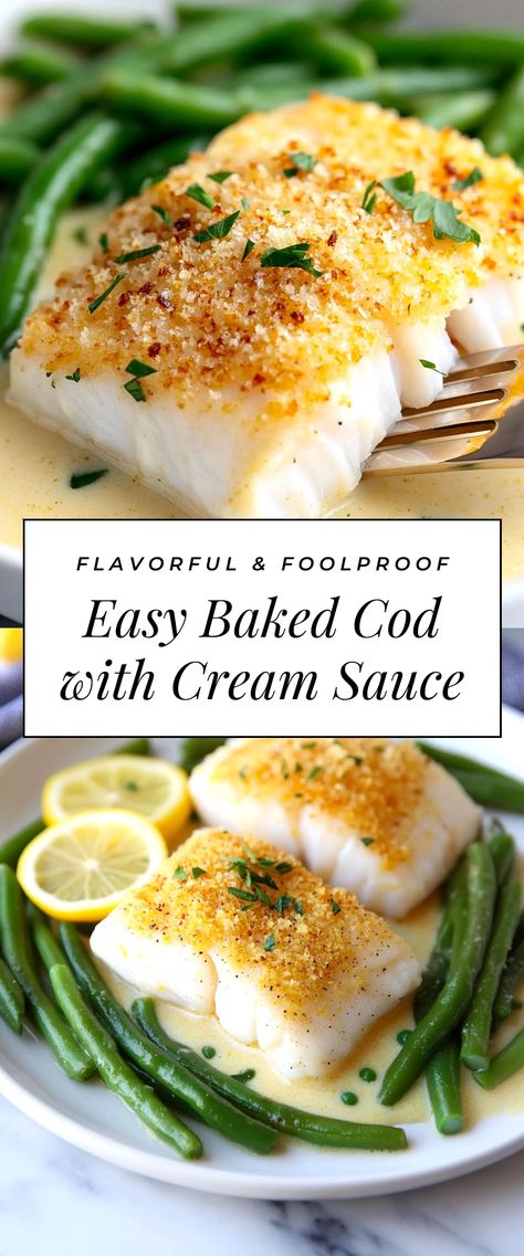 Image for Easy Baked Cod with Cream Sauce Cod Stir Fry, Cod Fish Recipes Easy, Cod Dinner Recipes, Cod Recipes Baked, Easy White Fish Recipes, Whiting Fish Recipes, Poached Cod Recipes, Whitefish Recipes, Codfish Recipes