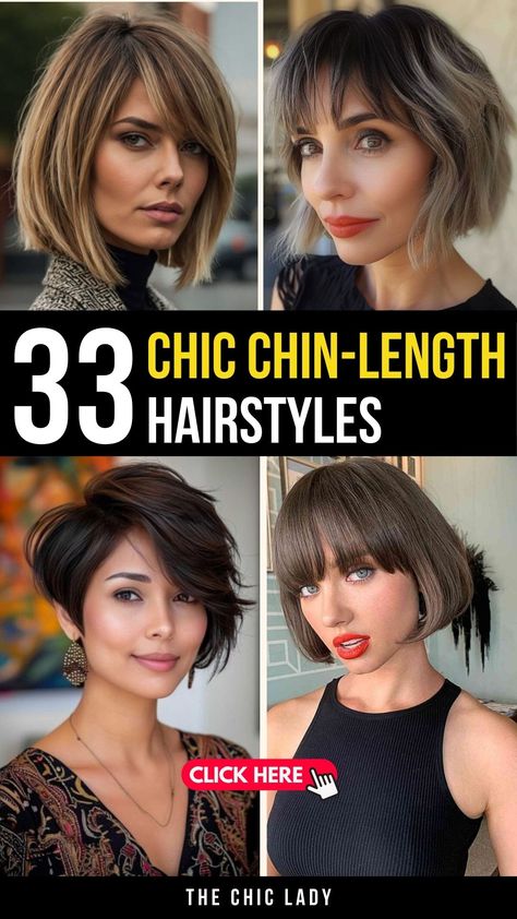 33 Gorgeous Chin-Length Haircuts to Transform Your Style Trendy Chin Length Haircuts, Layered Bob Asian Hair, Chin Length Hair Over 50, Thick Chin Length Hair, Weak Chin Hairstyles, Chin Length Bob Fine Hair, Chin Length Hair Round Face Short Bobs Haircuts For Women, Chin Length Hair Styles For Women, Edgy Chin Length Hair