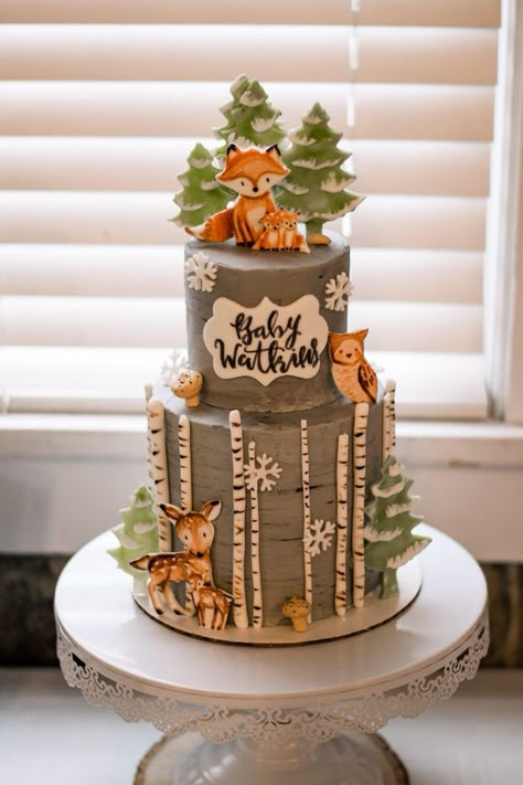 Cakes – Wildflower Way Woodland Theme Cake, Woodland Birthday Cake, Animal Baby Shower Cake, Cake Portfolio, Woodland Creatures Baby Shower, Woodland Baby Shower Decorations, Woodland Cake, Fox Baby Shower, Woodland Birthday Party