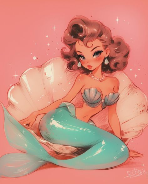 🖤🩵💖🤍 Mermaid And Fairy Art, Cute Mermaid Art, Disney Female Villains, Vintage Mermaid Illustration, Wallpaper Mermaid, Mermaid Oc, Siren Art, Drawing Mermaid, Retro Mermaid