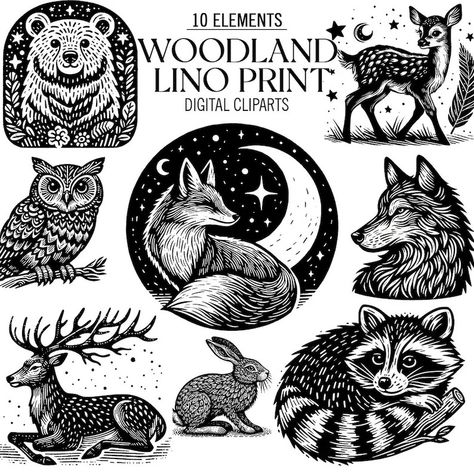 Woodland Lino Print 02 black and White Woodland Digital Cliparts Deer, Fawn, Fox, Owl Cliparts for Junk Journals and Mixed Media Projects - Etsy Hungary Woodland Stickers, Deer Stamp, Deer Illustration, Woodland Bear, Deer Fawn, Bear Illustration, Wood Burning Art, Bear Art, Mixed Media Projects