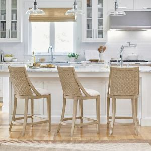 Amalfi Bench | Grandin Road White Kitchen Ideas Bar Stools, Counter Stools With Backs Target, Kitchen Counter Height Stools, Coastal Kitchen Bar Stools, Barstools In Kitchen With Backs, Coastal Counter Stools, Coastal Bar Stools, White Coastal Kitchen, Woodland Kitchen