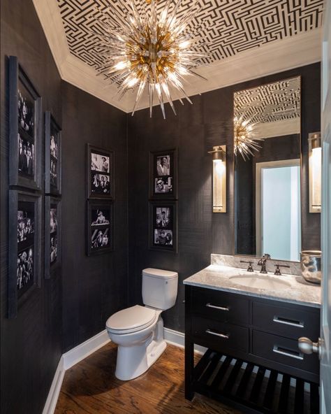 Metallic Powder Room, Swanky Powder Room, Powder Room Interior Design Luxury, Extravagant Powder Rooms, Powder Room Design Farmhouse, Powder Room Black Wallpaper, Pendant In Powder Room, Transitional Modern Powder Room, Dark Luxurious Bathroom