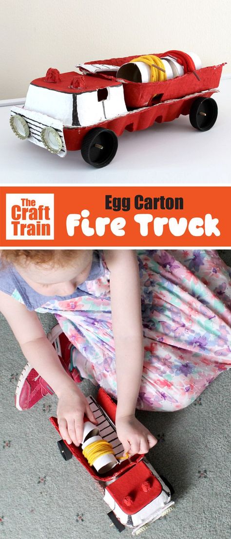 Recycled egg carton fire truck craft! Make a DIY toy fire truck with rolling milk lid wheels and shoelace hoses. This is a fun recycling craft for kids and a great way to inspire imaginary play. #eggcarton #firetruckcraft #kidscraft #firetruck #kidsactivity #recyclingcraft #easycrafts #thecrafttrain #bushfires Fire Engine Craft, Fire Truck Craft, Train Crafts, Truck Crafts, Toy Fire Trucks, Recycled Crafts Kids, Egg Carton Crafts, Kids' Crafts, Egg Carton