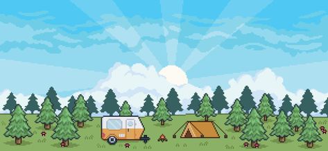 Pixel art camping landscape with tent, trailer, campfire, pine trees background vector for 8 bit game Camping Pixel Art, Camping Landscape, 8 Bit Game, Trees Background, Tent Trailer, Pine Trees, 8 Bit, Pine Tree, Campfire