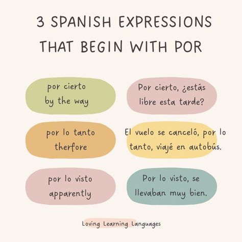 3 Spanish Expressions that begin with the preposition por. Spanish Prepositions, Teach Yourself Spanish, Spanish Expressions, Useful Spanish Phrases, Spanish Learning Activities, Spanish Words For Beginners, Spanish Practice, Basic Spanish Words, Basic Spanish