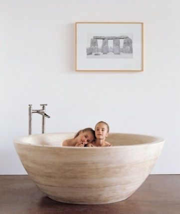 A luxurious decadent bath, this Stone Soaking Tub swirls around you with soft blended colours. It's a deep round tub that provides amble space to relax, without feeling closed... Spa Bathrooms, Square Bathtub, Stone Tub, Stone Forest, Modern Spa, Round Bath, Stone Bathtub, Narrow Bathroom, Bathtub Design