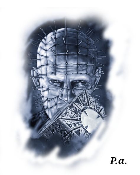 Hellraiser Tattoo Design, Pinhead Hellraiser Tattoo, Pinhead Tattoo Design, Pin Head Tattoo, Cenobite Tattoo, Slashers Fanart, Horror Tattoos, Horror Movie Tattoos, Movie Tattoos