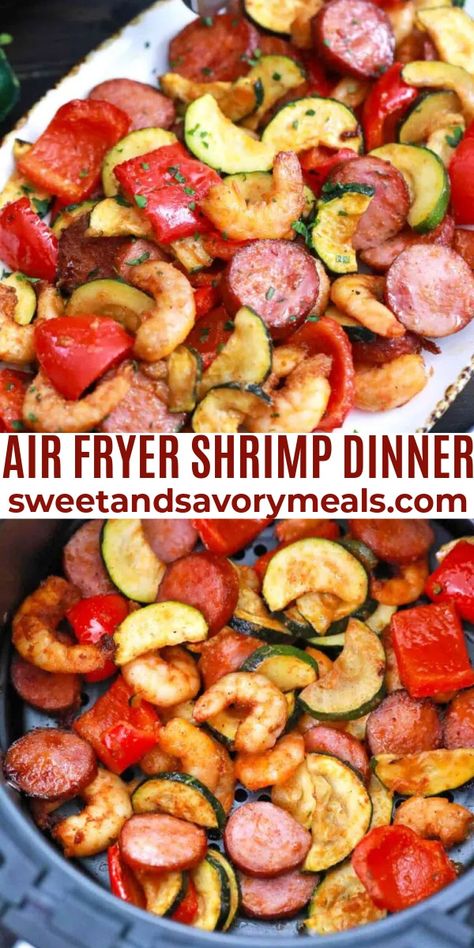 Air Fryer Shrimp Dinner is great for seafood lovers pairing extra-large shrimp with sausage, zucchini, peppers, and Cajun seasoning. Shrimp And Sausage In Air Fryer, Shrimp Sausage Air Fryer, Air Fryer Shrimp And Sausage Recipes, Air Fryer Shrimp Sausage And Veggies, Air Fryer Cajun Shrimp And Sausage, Air Fryer Shrimp And Vegetables, Air Fryer Shrimp And Sausage, Air Fryer Shrimp And Veggies, Family Dinner Ideas Air Fryer