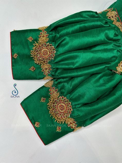 Blouse Designs For Saree Bridal, Green Blouse Embroidery Designs, Puff Blouse Designs, Blouse With Pearl Work, Blouse Embroidery Designs, Green Blouse Designs, Pink Blouse Designs, Puff Blouse, Bridal Blouses