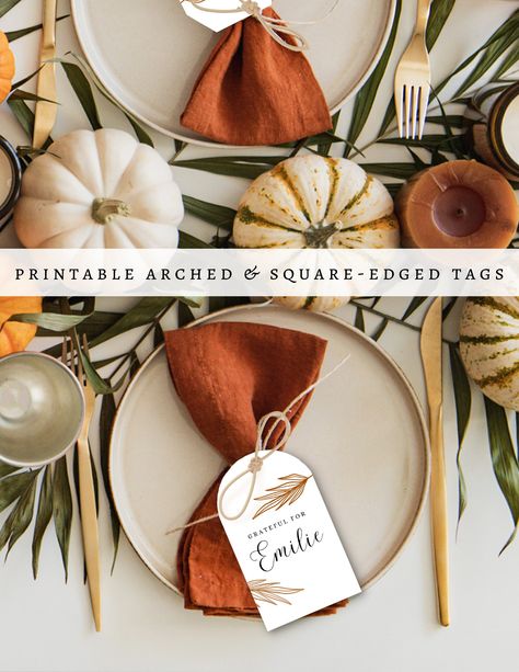 These personalized name tags are a perfect addition to any thanksgiving table setting... Not only do they allow for ease when it comes to seating everyone around the table, but they also communicate love by taking a quick extra minute to personalize and recognize each guest! *This listing is for a digital product only. Please note you will NOT receive a physical item in the mail.* These templates are an INSTANT DOWNLOAD! Your files will be available to download once your payment is confirmed. Yo Thanksgiving Personalized Place Settings, Name Tags Thanksgiving, Thanksgiving Handouts Lds, Thanksgiving Table Name Tags, Name Cards Thanksgiving, Friendsgiving Place Cards, Thanksgiving Napkins Ideas, Thanksgiving Table Name Cards, Thanksgiving Plate Setting