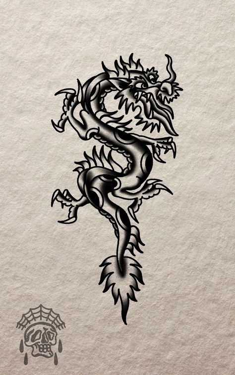 Sailor Jerry Dragon Tattoo, Two Headed Dragon Tattoo, Small Japanese Dragon Tattoo, Small Japanese Tattoo Men, Traditional Japanese Dragon Tattoo Designs, Old School Dragon Tattoo, Dragon Tattoo Traditional, American Traditional Dragon, Dragon Tattoo Wrist