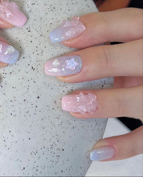 Korean Jelly Nails Simple, Sanrio Jelly Nails, Japanese Glitter Nails, Pearl Jelly Nails, Cute Japanese Nail Art, Magical Nail Art, Blue Jelly Nails Korean, Short Nails Jelly, Lavender Jelly Nails