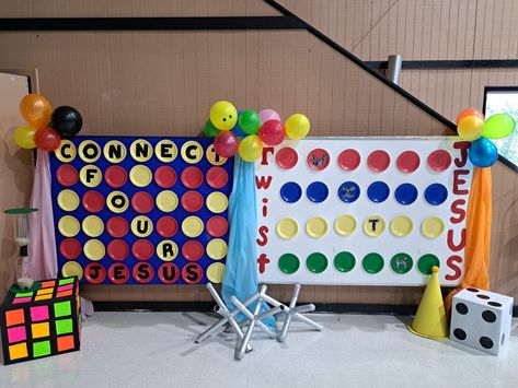 Vbs Donation Board Ideas, Board Game Vbs Decorations, Twist And Turns Vbs 2023 Decorations, Twist And Turns Vbs 2023, Twist And Turns Vbs, Twists And Turns Vbs, Vbs Diy, Church Game Night, Game Night Decorations