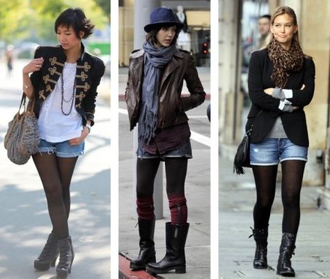 black hose or leggings under jean shorts. i'm a fan. i'm a fan of all these outfits actually. Leggings Under Shorts, Looks Com Short, Black Tights Outfit, Tights Outfits, Look Grunge, How To Wear Leggings, Winter Shorts, Winter Skirt Outfit, Tights And Boots