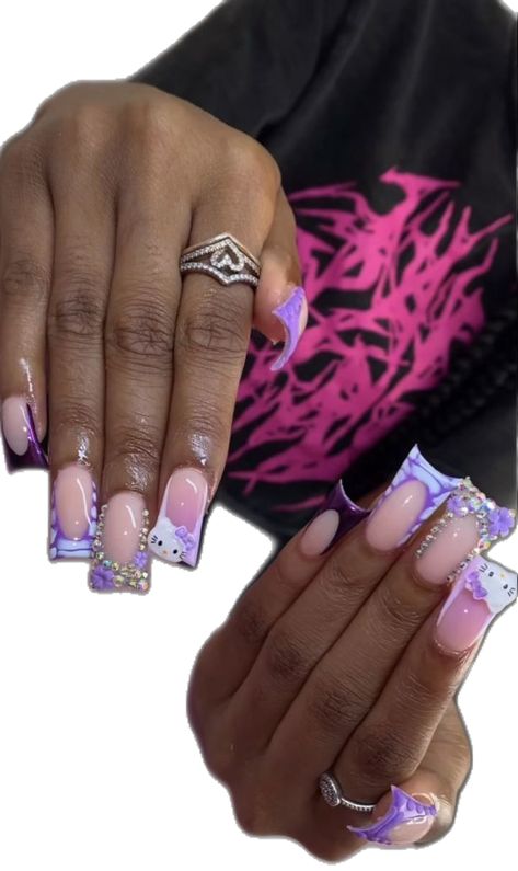 Purple Hello Kitty Nails, Dope Nail Designs Mid Length, Purple Birthday Nails, Hello Kitty Duck Nails, Purple Nail Ideas, Purple Hello Kitty, Purple Gel Nails, Abstract Nails, Kitty Nails