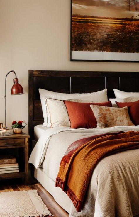 Emerald Green And Burnt Orange Bedroom Ideas, Burnt Orange Accent Bedroom, Moody Orange Bedroom, Burnt Orange And Gray Bedroom, Rusty Orange Bedroom, Orange Accents Bedroom, Burnt Orange Room, Burnt Orange Rooms, Tan Bedroom Ideas