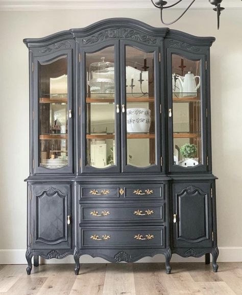 30 Black China Cabinets To Enhance Your Interiors French Provincial China Cabinet, China Cabinet Ideas, Black China Cabinet, China Cabinet Decor, Farmhouse China Cabinet, Blue China Cabinet, Modern China Cabinet, Black Display Cabinet, Black Wainscoting