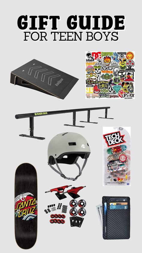 Teen boy skateboarding enthusiast with new skateboarding gear and gifts, including a skateboard deck, protective gear, and stylish skate apparel. Gifts For Skateboarders, Gift Ideas For Teen Boys, Skateboarder Gifts, Tech Deck, Gifts For Teen Boys, Boy Gifts, Cool Deck, Skater Boy, Mom Tips