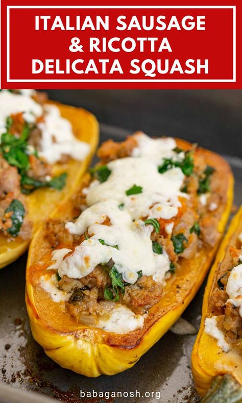 Delicata Squash Roasted, Stuffed Delicata Squash, Easy Fall Dinner Recipes, Squash Pasta Recipe, Delicata Squash Recipe, Easy Fall Dinners, Sausage Spinach, Acorn Squash Recipes, Squash Pasta