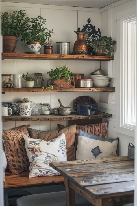 Inspiration for your Sunday morning kitchen farmhouse breakfast nook. Kitchen Nook With Shelves, Breakfast Nook With Shelves, Breakfast Nook Shelves, Nook With Shelves, Modern Farmhouse Breakfast Nook, Corner Window Seat, Farmhouse Breakfast Nook, Farmhouse Breakfast, Distressed Wood Table