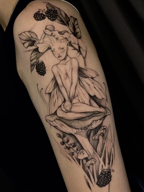 ig: @hethtattoos Womens Goth Tattoo, Fairy Half Sleeve Tattoo, Forest Fairy Tattoo Sleeve, Meaningful Nature Tattoos, Fairytale Sleeve Tattoo, Fairy Sitting On Mushroom Tattoo, Earth Fairy Tattoo, Fairy Arm Tattoo, Mushroom Fairy Tattoo