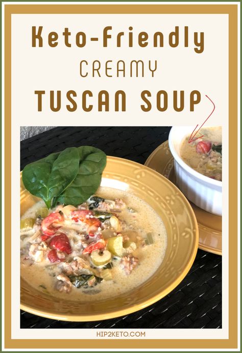 Craving delicious comfort food? The Keto Soup of your dreams has arrived. This Creamy Low Carb Tuscan Soup comes together in under 30 minutes. #tuscansoup #soup #keto #lowcarb #comfortfood #easymealidea Olive Garden Tuscan Soup, Keto Tuscan Soup, Hip2keto Recipes, Keto Bbq, Soup Keto, Keto Soups, Tuscan Soup, Soup Appetizers, Keto Tips