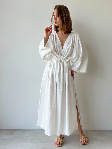 Long caftan dress with kimono sleeves, Loose fit summer dress for women, White kimono in one size Kimono Dress Outfit, Dress With Kimono, Linen Style Fashion, Long Caftan Dress, Summer Dress For Women, Business Attire Women, White Kimono, Fit Summer, Summer Linen Dresses