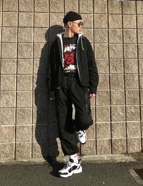 Black And Red Streetwear Outfit, Red Black White Outfit Streetwear, Nike Air Monarch Iv Outfit, Nike Monarch Outfit, Nike Air Monarch Outfit, Air Monarch Outfit, Red Sneakers For Streetwear, Black Jeans Brown Boots, Grey Wool Coat Outfit