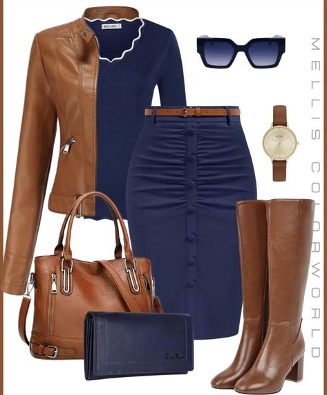 Mode Over 50, Brown And Blue, Classy Work Outfits, Stylish Work Outfits, Looks Chic, Complete Outfits, Blue Skirt, Professional Outfits, Fall Fashion Outfits