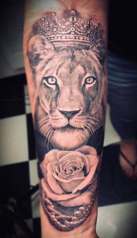 10+ Best Lioness Tattoos - Queen Tattoo Ideas | PetPress Lion Crown Tattoo For Women, Female Lion Tattoo With Crown, Lioness Tattoo Forearm, Lion With Crown Tattoo Design For Women, Lion With Crown Tattoo For Women, Lioness Crown Tattoo, Lioness Rose Tattoo, Lion Queen Tattoo For Women, Tattoo Ideas Female Lion