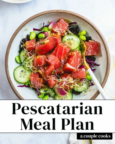 Here's a monthly pescatarian meal plan! It's got lots of recipes and inspiration, planning ideas, and a meal planning calendar download. #mealplan #mediterraneandiet #pescatarian #pescatarianmealplan #bluezones #bluezonemealplan #healthymealplan #healthyrecipes #monthlymealplan #mealplanning #mealprep #seafood #fishrecipes #salmonrecipes #shrimprecipes Pescatarian Weekly Meal Plan, Pescatarian Recipes Chicken, Diet Meal Plan Pescatarian, Pescatarian Family Meals, Pescatarian Diet Meal Plan, Pescatarian Recipes Healthy Clean Eating, Seafood Diet Plan Clean Eating, Pescetarianism Recipes, Pescatarian Breakfast Ideas