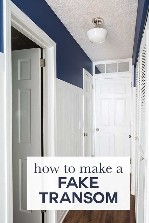 Mirror Next To Window, Hallway Refresh, Window Above Door, Solid Oak Bedroom Furniture, Blue Hallway, Repurposing Ideas, Fake Window, Craftsman Door, Oak Bedroom Furniture