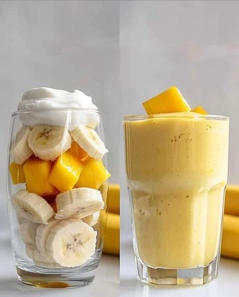 Pineapple Mango Smoothie, Milk Ice Cubes, Mango Banana Smoothie, Mango Pineapple Smoothie, Fruit Smoothie Recipes Healthy, Smoothie Drink Recipes, Healthy Drinks Smoothies, Protein Shake Recipes, Healthy Food Motivation