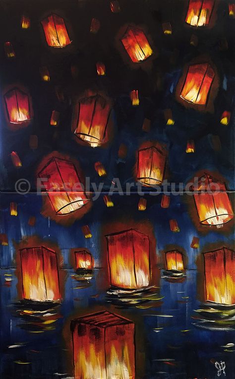 "Lanterns" Diptych, painting, paint and sip, painting party, art, lanterns, night, ocean, water, orange, yellow, fire, light, bright, floating, Easely Art Studio Sky Lantern Drawing, Paper Lantern Painting, Floating Lanterns Painting, Lanterns Drawing, Sky Lanterns Painting, Chinese Lanterns Painting, Rapunzel Lanterns Scene Painting, Lantern Drawing, Festival Paint