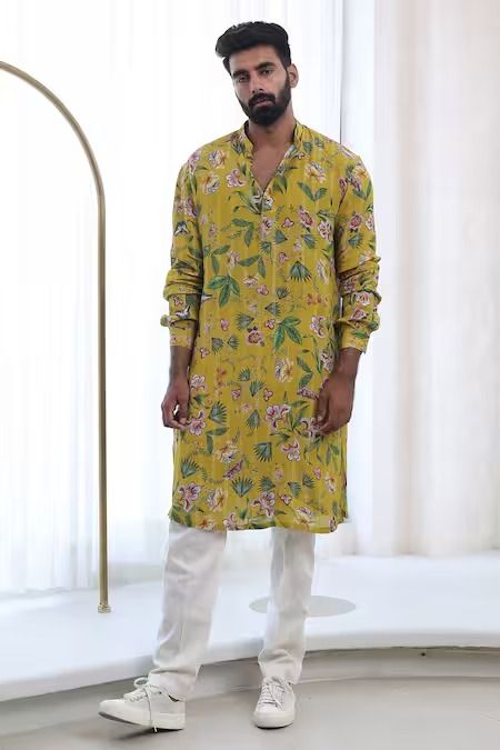 Buy Yellow Moss Crepe Printed Floral Asim Kurta And Pant Set For Men by Mahima Mahajan Online at Aza Fashions. Mahima Mahajan, Rhea Kapoor, White Pant, Sanya Malhotra, Men Kurta, Rohit Bal, Tarun Tahiliani, Straight Kurta, Jacqueline Fernandez