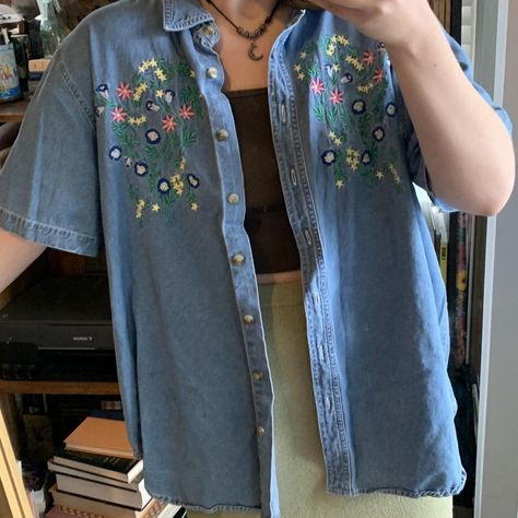 🌷Just My Size Vintage Embroidered Button Up... - Depop Embroidered Button Up Shirt, Greenery Garden, Just My Size, My Size, Embroidery Details, Button Up Shirt, Just Me, Floral Embroidery, Denim Button Up