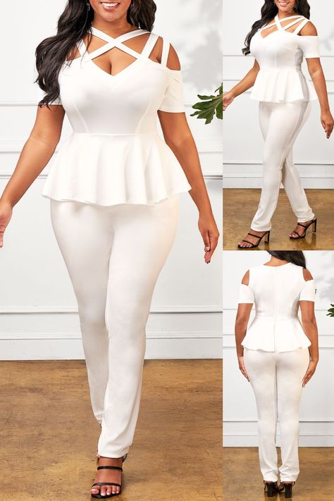 Effortlessly chic in white! This jumpsuit features a flounce cold shoulder design, cage neck detail, and wide-leg silhouette. Perfect for summer parties, weddings, and special occasions. 🌟 #Fashionista #JumpsuitStyle #Elegance Classy Work Outfits, White Jumpsuit, Jumpsuit Fashion, Summer Parties, Shoulder Design, Work Outfits, Work Outfit, Cold Shoulder, Special Occasion