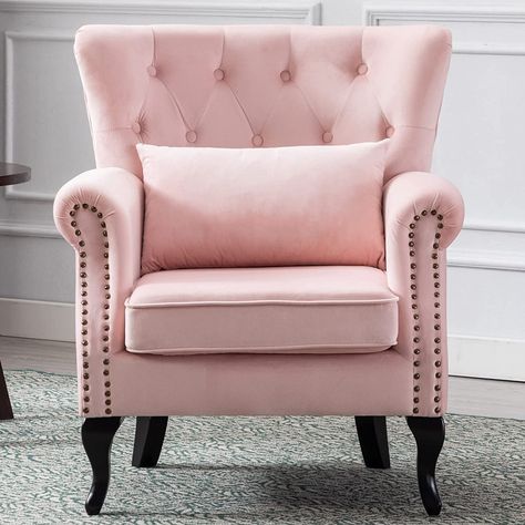 Amazon.com: Janoray Mid Century Modern Accent Chair Upholstered Armchair Comfy Velvet Fabric Single Sofa with Tufted Wingback for Small Spaces Bedroom Living Room, Pink, B- Pink : Everything Else Light Pink Accent Chair, Pink Chairs Living Room, Cozy Bedroom Chair, Shabby Chic Furniture Living Room, Arm Chair Living Room, 1950 House, Comfy Sofa Chair, Small Spaces Bedroom, Velvet Recliner