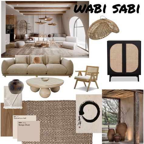 Mediterranean Wabi Sabi Interior, Wabi Sabi Japandi Interior, Mood Board Wabi Sabi, Wabi Sabi Material Board, Wabi Sabi Mood Board Interior, Wabi Sabi Moodboard, Wabi Sabi Mood Board, Wabi Sabi Home Interior Design, Wabi Sabi Sofa