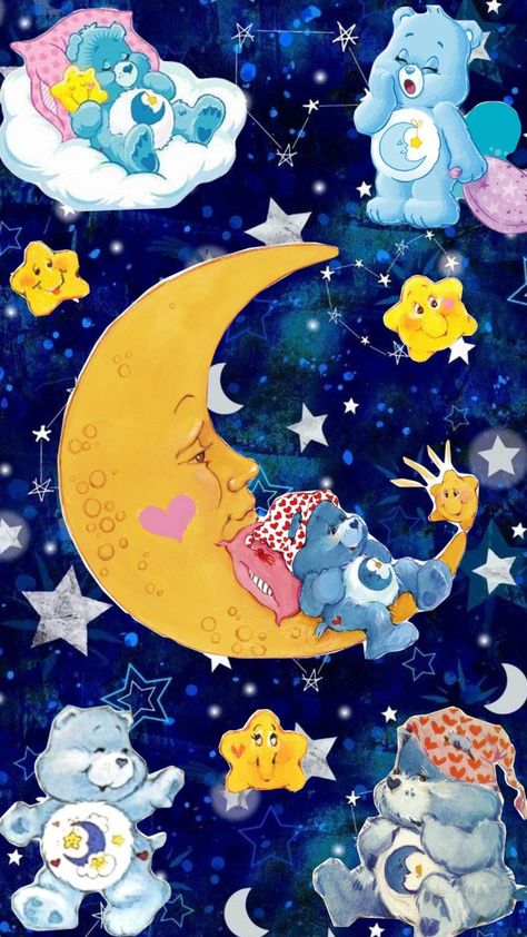 A Care Bear college featuring Bedtime Bear 🌙 ✨️ #carebears #bedtime #blue #blueaesthetic #cartoon #80s #80saesthetic #vintage #retro #happy #fun Bedtime Bear Carebear, Carebear Wallpapers, Sleepy Care Bear, Care Bears Aesthetic Wallpaper, Blue Bear Wallpaper, Sleepytime Tea Bear, Blue Care Bear, Shelf Painting, Bear Background