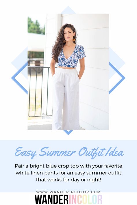 Pair a bright  blue crop top with your favorite white linen pants for an easy breezy summer outfit! #summerstyle #summerfashion #ootd #ootn #affordablefashion #outfitinspo #outfitideas Blue Top Outfit Ideas, Blue Top Outfit, Top Outfit Ideas, Easy Summer Outfit, Style Hacks, Simple Summer Outfits, Blue Crop Top, White Linen Pants, Blue Floral Top